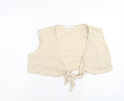 Primark Womens Beige Linen Cropped Tank Size 14 V-Neck - Knot Front