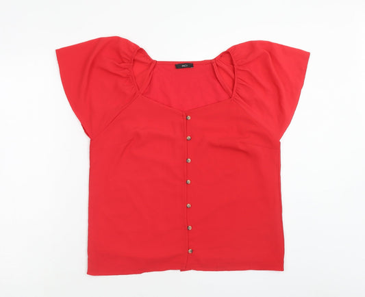 M&Co Womens Red Polyester Basic Button-Up Size 12 Square Neck