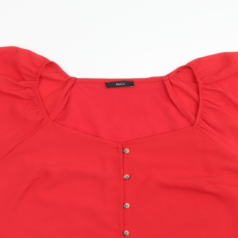M&Co Womens Red Polyester Basic Button-Up Size 12 Square Neck