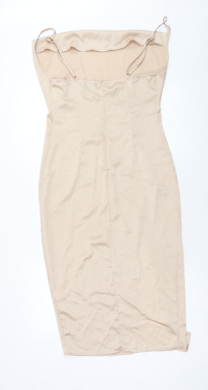 PRETTYLITTLETHING Womens Gold Polyester Bodycon Size 10 Square Neck Zip