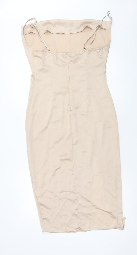 PRETTYLITTLETHING Womens Gold Polyester Bodycon Size 10 Square Neck Zip