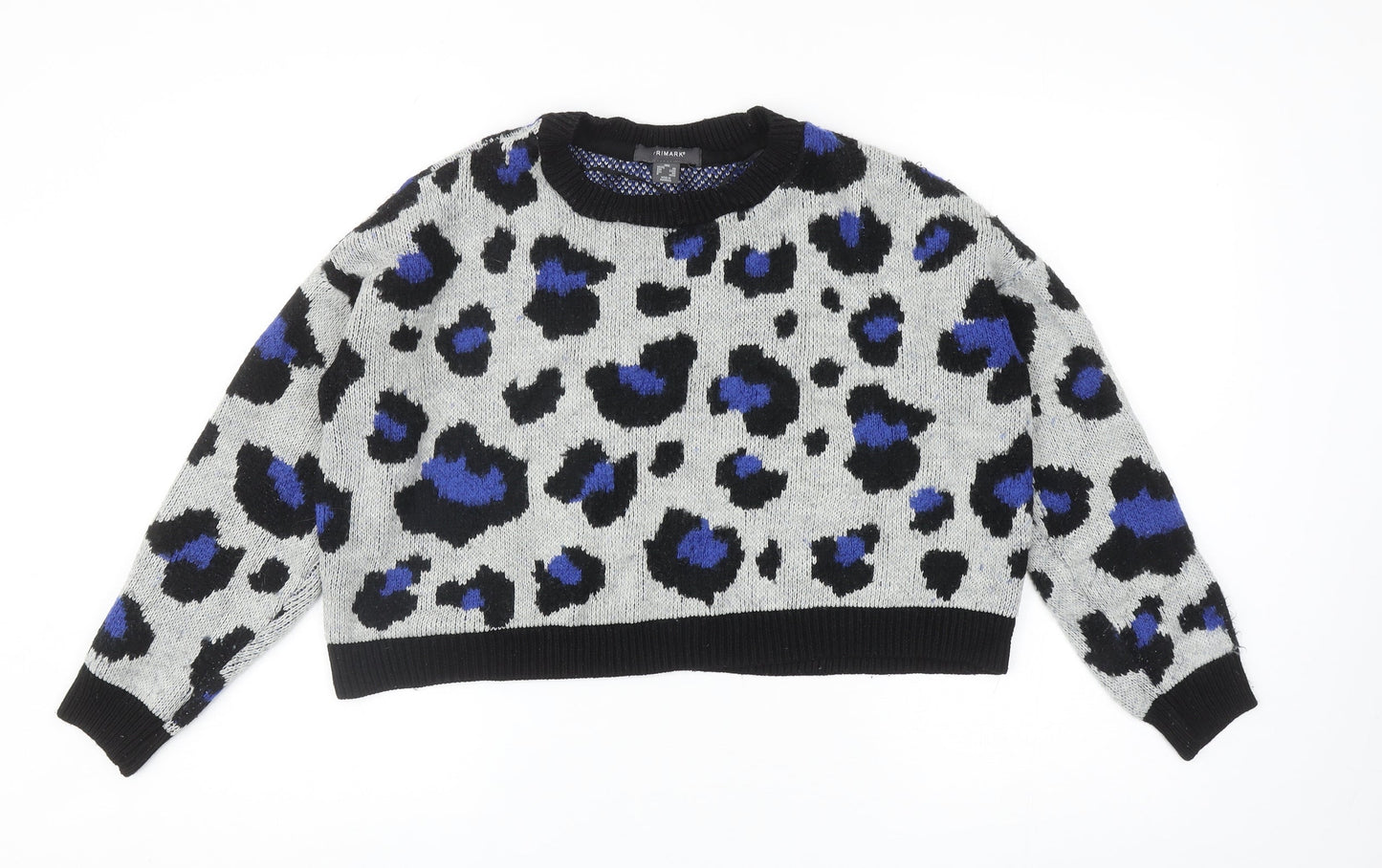 Primark Womens Grey Round Neck Animal Print Acrylic Pullover Jumper Size 2XS