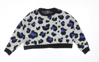 Primark Womens Grey Round Neck Animal Print Acrylic Pullover Jumper Size 2XS