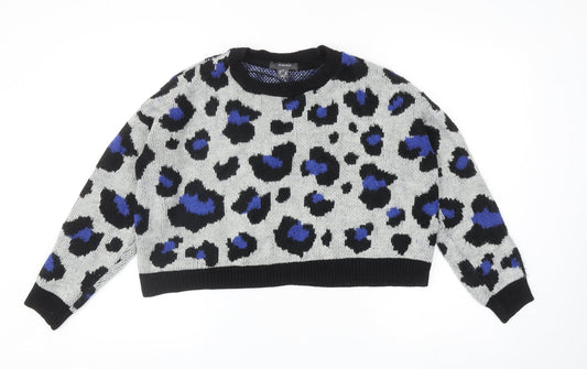 Primark Womens Grey Round Neck Animal Print Acrylic Pullover Jumper Size 2XS