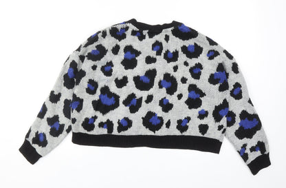 Primark Womens Grey Round Neck Animal Print Acrylic Pullover Jumper Size 2XS