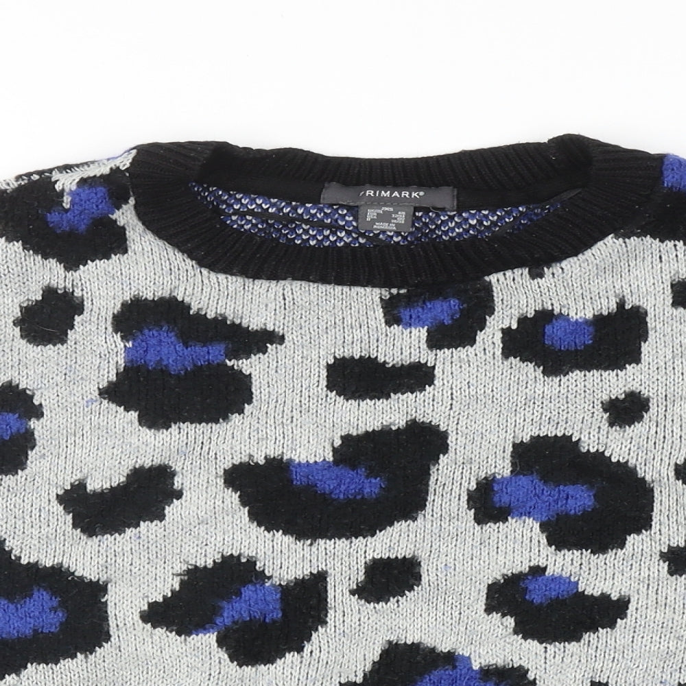 Primark Womens Grey Round Neck Animal Print Acrylic Pullover Jumper Size 2XS