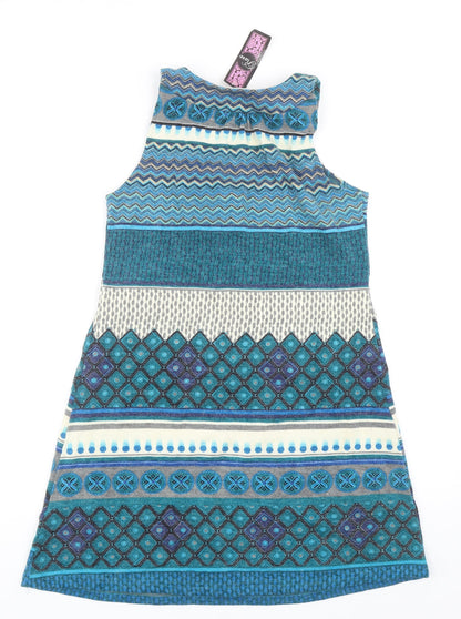Rare Womens Blue Geometric Acrylic Tank Dress Size S Scoop Neck Pullover