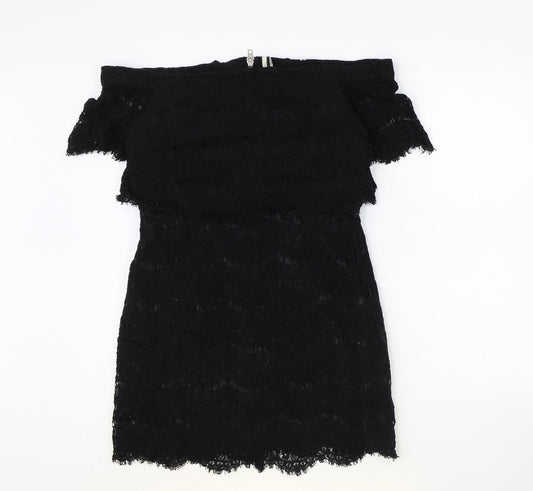 Topshop Womens Black Cotton Mini Size 10 Off the Shoulder Zip