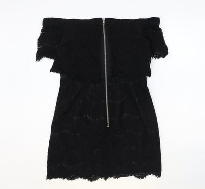 Topshop Womens Black Cotton Mini Size 10 Off the Shoulder Zip