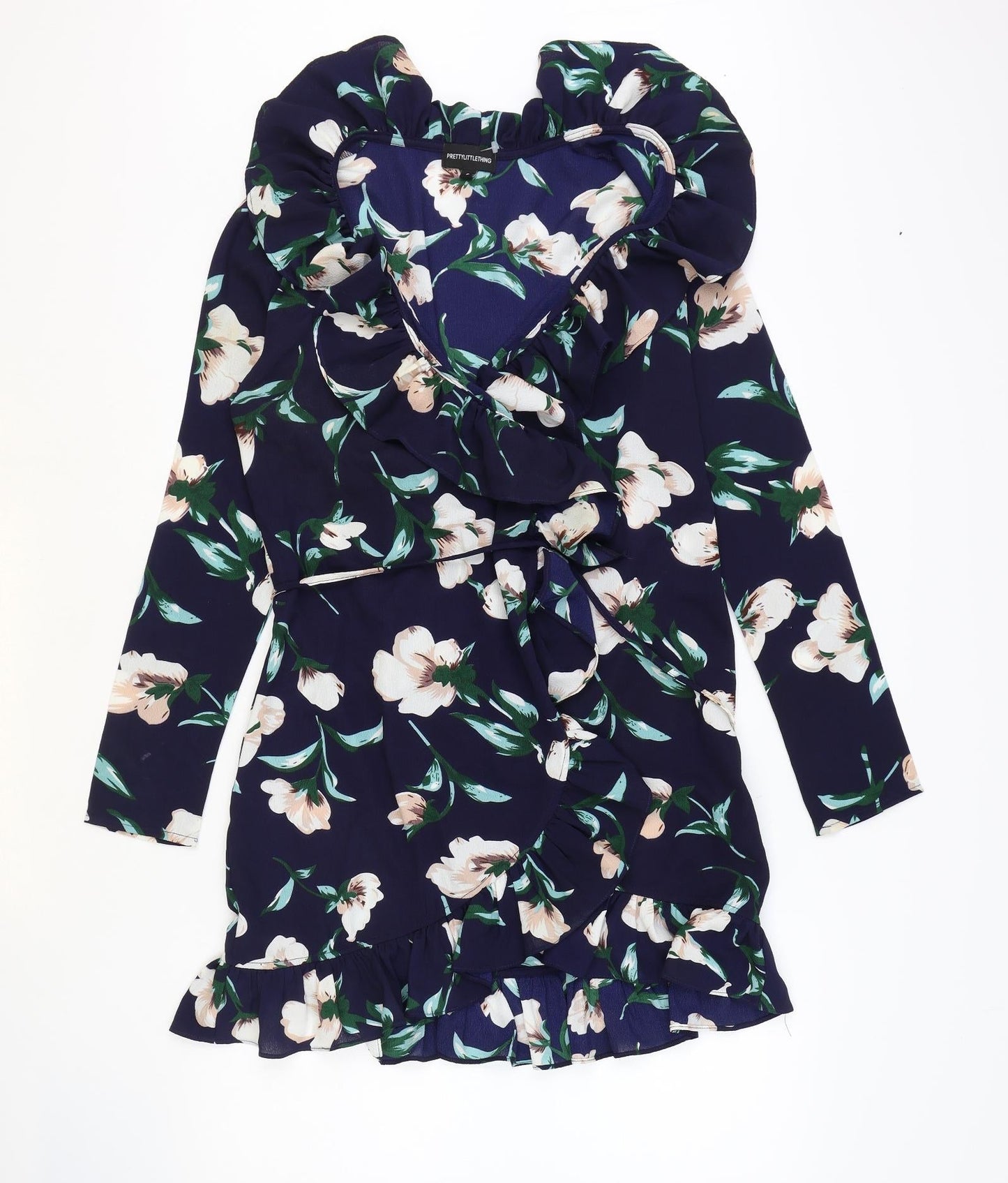 PRETTYLITTLETHING Womens Blue Fair Isle Polyester Wrap Dress Size 8 V-Neck Tie