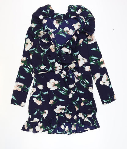 PRETTYLITTLETHING Womens Blue Fair Isle Polyester Wrap Dress Size 8 V-Neck Tie