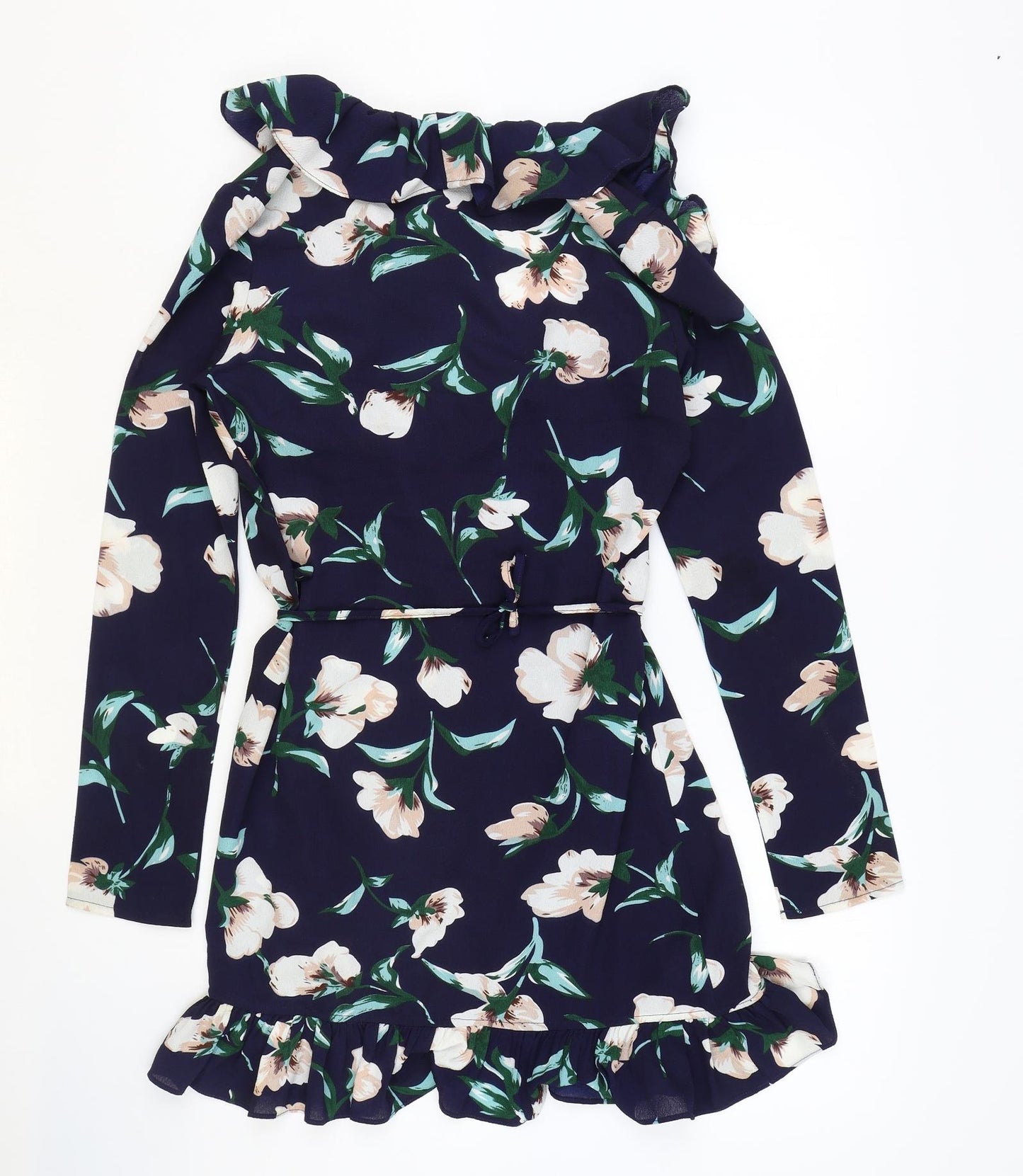 PRETTYLITTLETHING Womens Blue Fair Isle Polyester Wrap Dress Size 8 V-Neck Tie