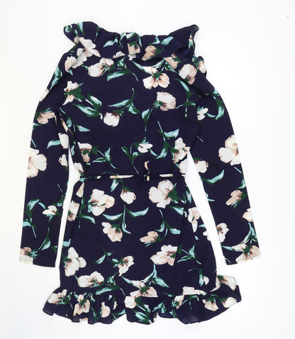 PRETTYLITTLETHING Womens Blue Fair Isle Polyester Wrap Dress Size 8 V-Neck Tie