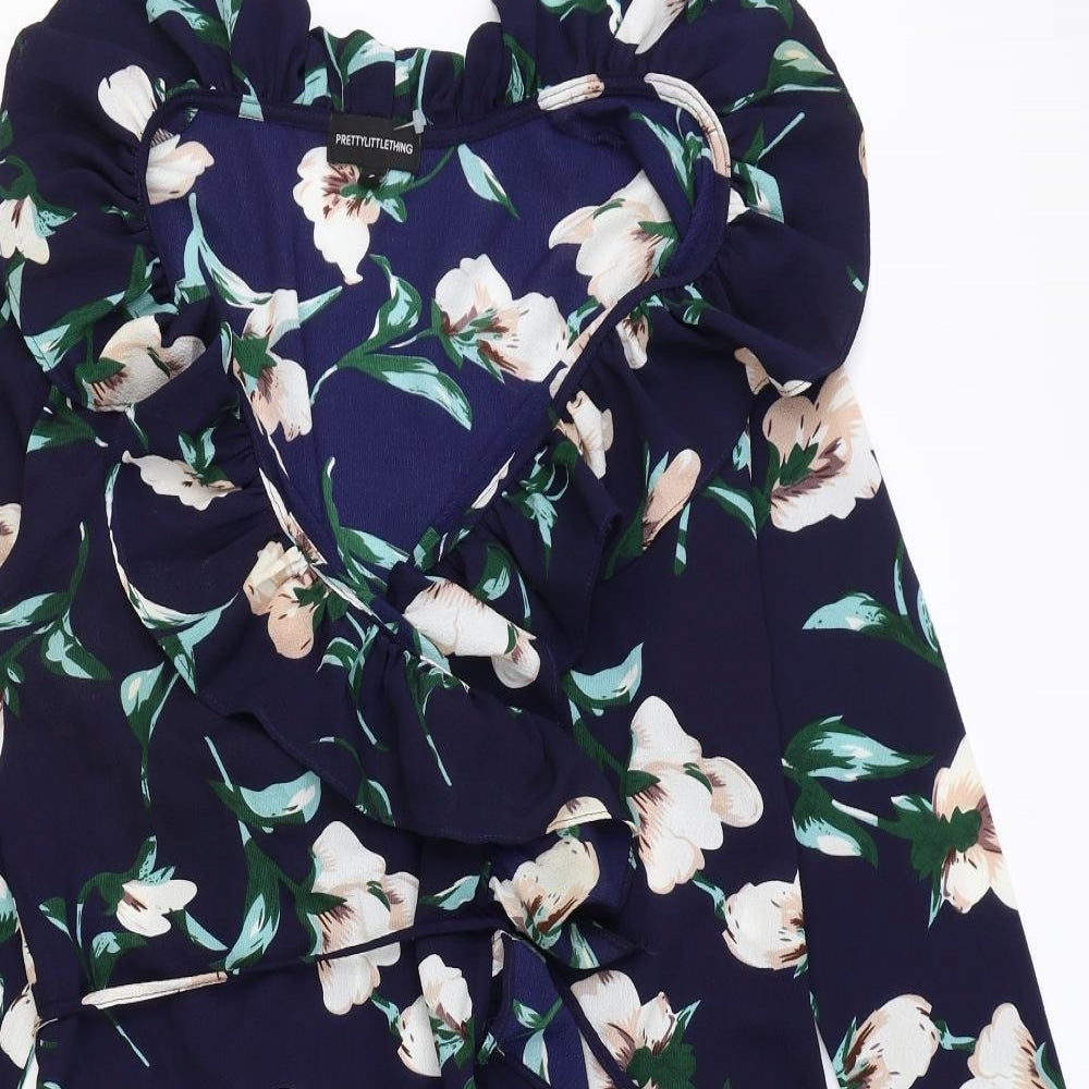 PRETTYLITTLETHING Womens Blue Fair Isle Polyester Wrap Dress Size 8 V-Neck Tie