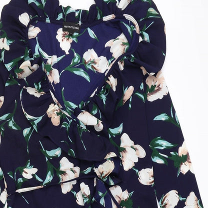 PRETTYLITTLETHING Womens Blue Fair Isle Polyester Wrap Dress Size 8 V-Neck Tie