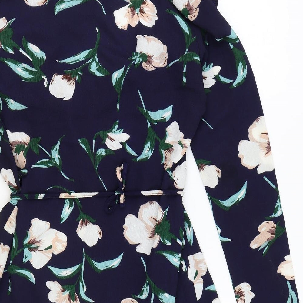 PRETTYLITTLETHING Womens Blue Fair Isle Polyester Wrap Dress Size 8 V-Neck Tie