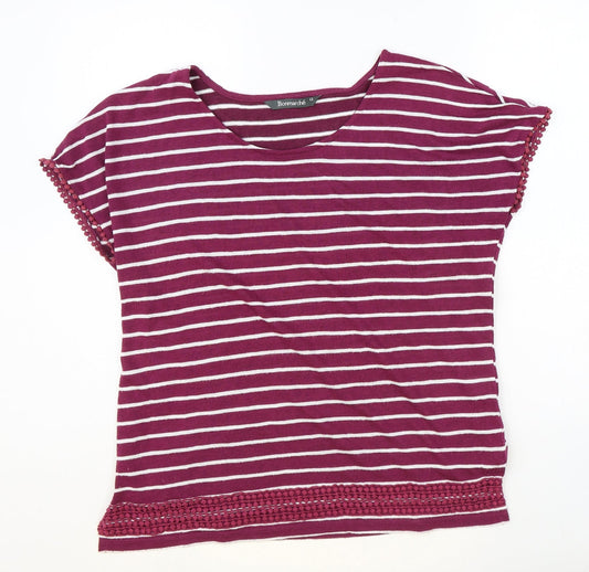 Bonmarché Womens Purple Striped Polyester Basic T-Shirt Size 12 Round Neck
