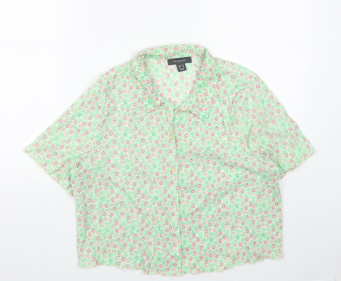 Primark Womens Green Floral Polyester Cropped Button-Up Size 14 Collared