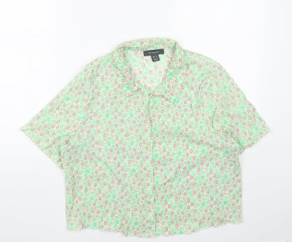 Primark Womens Green Floral Polyester Cropped Button-Up Size 14 Collared
