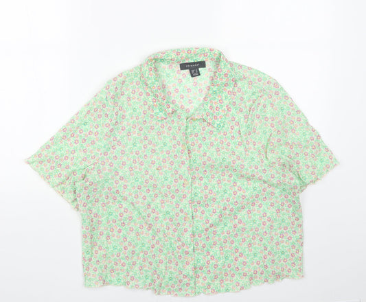 Primark Womens Green Floral Polyester Cropped Button-Up Size 14 Collared