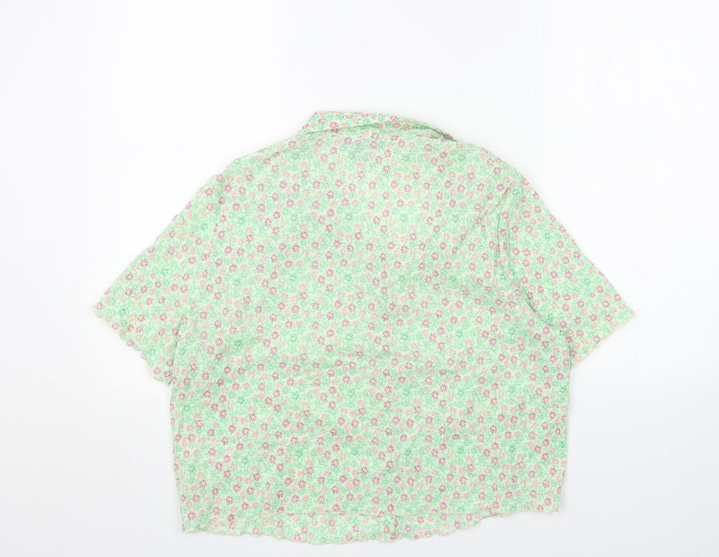Primark Womens Green Floral Polyester Cropped Button-Up Size 14 Collared