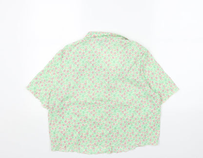 Primark Womens Green Floral Polyester Cropped Button-Up Size 14 Collared