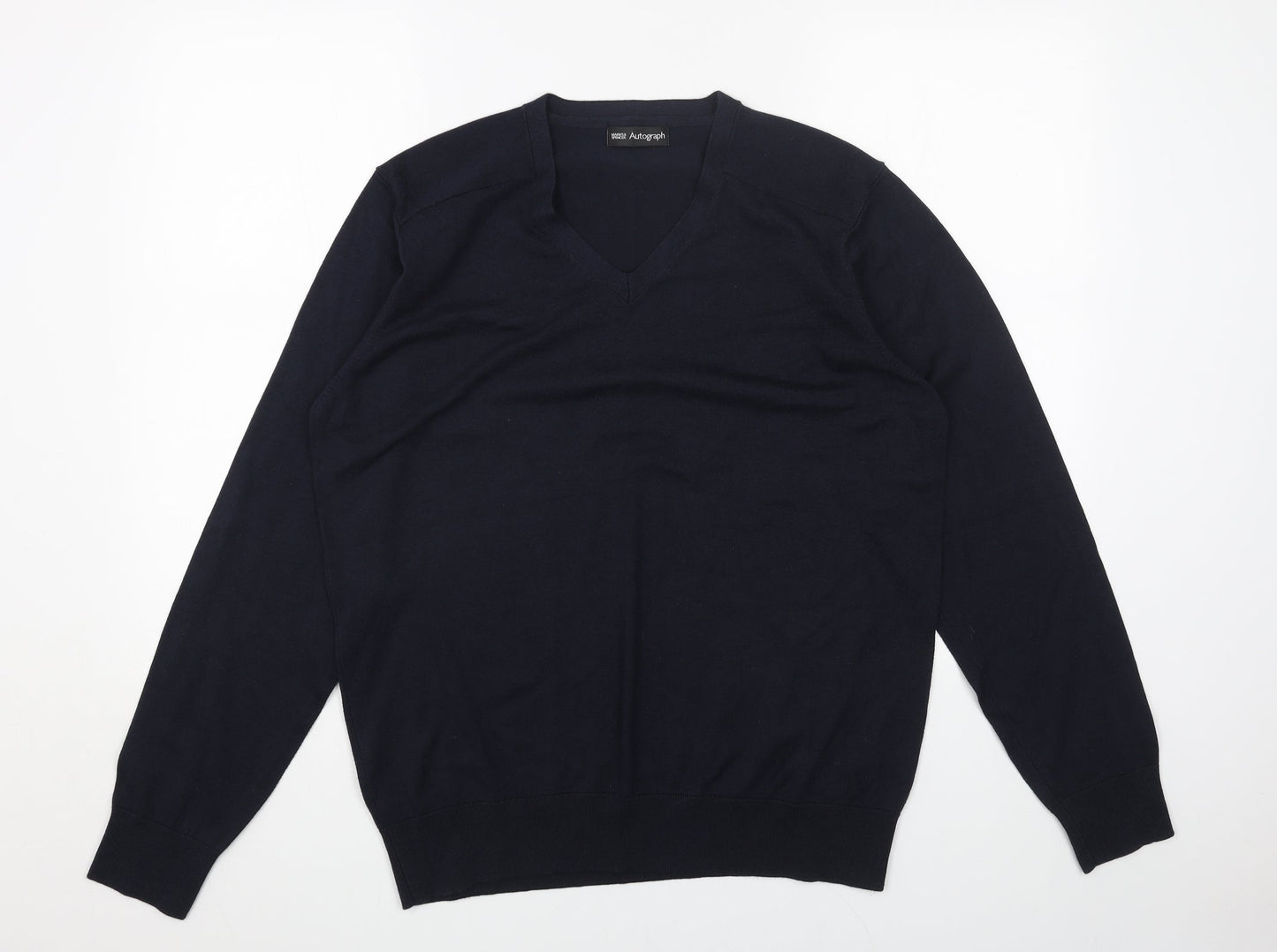 Marks and Spencer Mens Blue V-Neck Cotton Pullover Jumper Size L