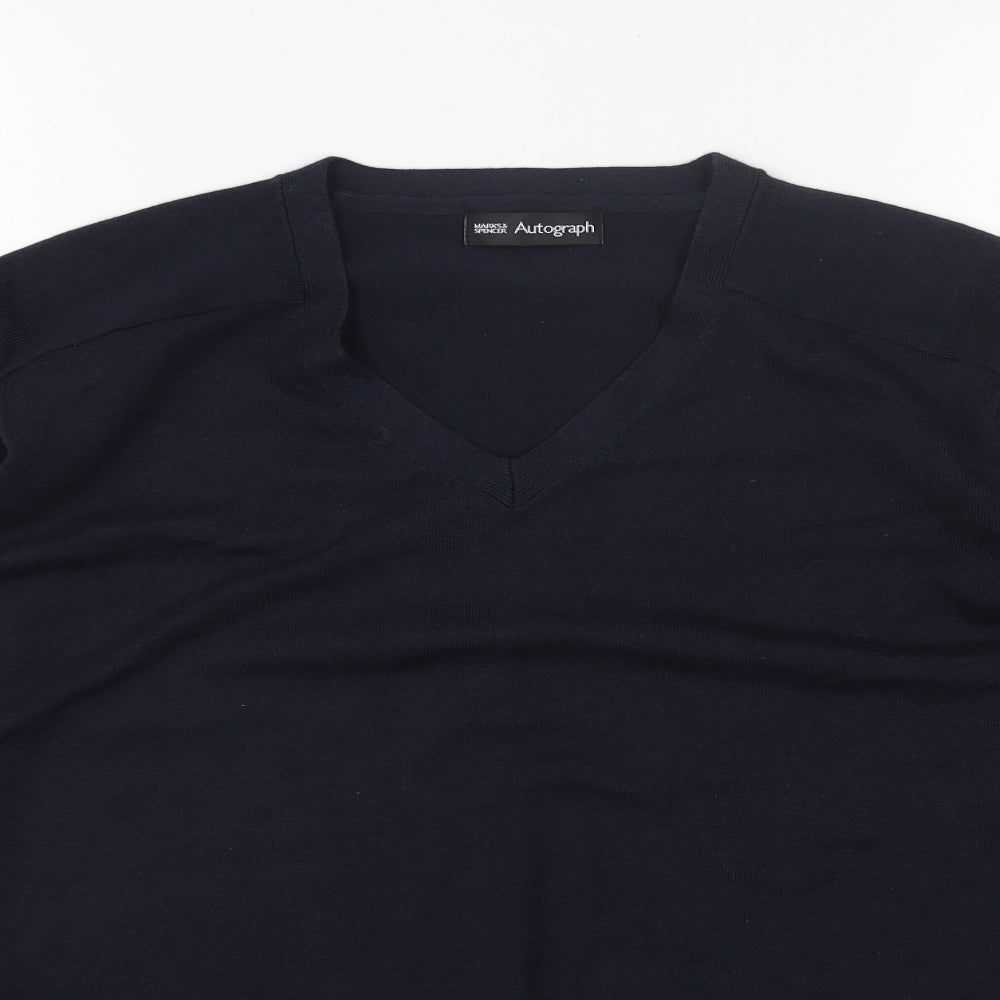 Marks and Spencer Mens Blue V-Neck Cotton Pullover Jumper Size L