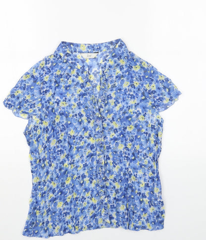 Les Petites Womens Blue Floral Polyester Basic Button-Up Size 14 V-Neck