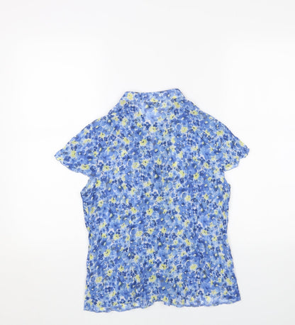 Les Petites Womens Blue Floral Polyester Basic Button-Up Size 14 V-Neck