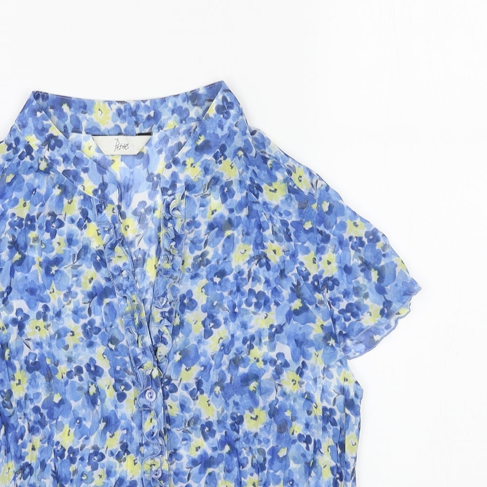 Les Petites Womens Blue Floral Polyester Basic Button-Up Size 14 V-Neck