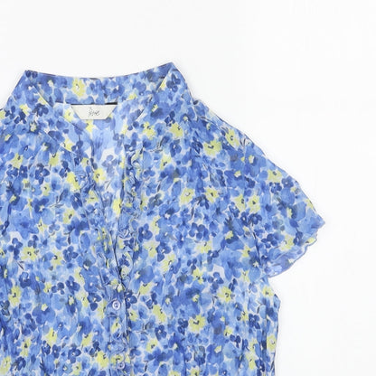 Les Petites Womens Blue Floral Polyester Basic Button-Up Size 14 V-Neck