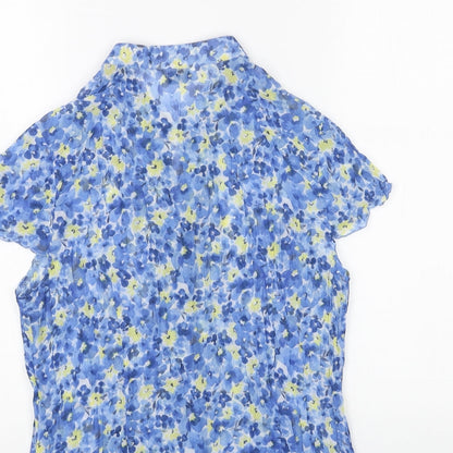 Les Petites Womens Blue Floral Polyester Basic Button-Up Size 14 V-Neck