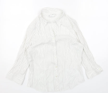 BHS Womens White Striped Polyester Basic Button-Up Size 12 Collared