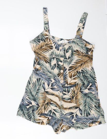 Primark Womens Beige Geometric Viscose Playsuit One-Piece Size 8 Button