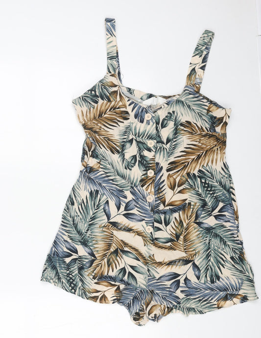 Primark Womens Beige Geometric Viscose Playsuit One-Piece Size 8 Button