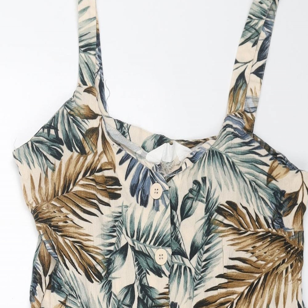 Primark Womens Beige Geometric Viscose Playsuit One-Piece Size 8 Button