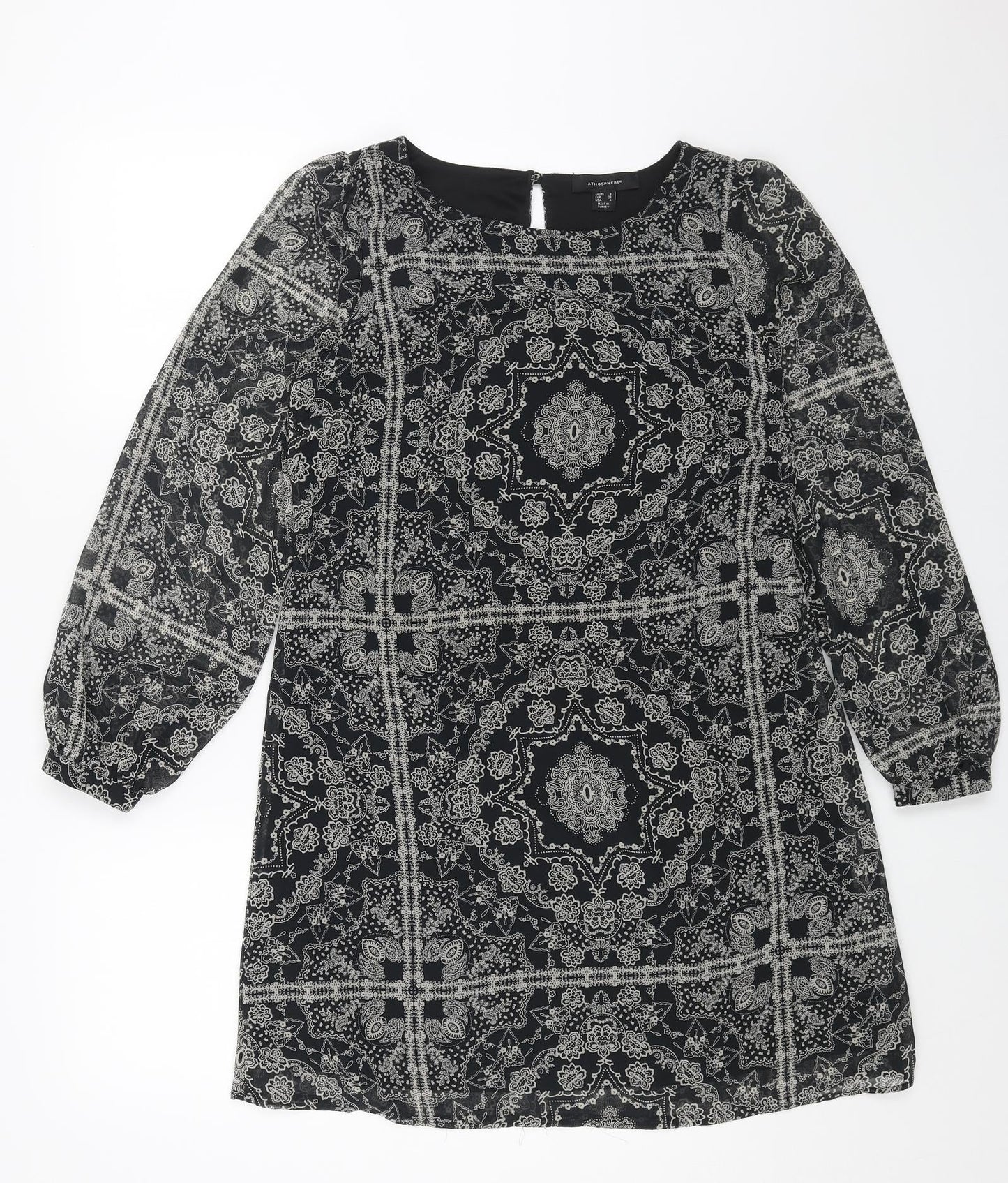 Primark Womens Black Geometric Polyester A-Line Size 8 Round Neck Button