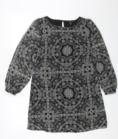 Primark Womens Black Geometric Polyester A-Line Size 8 Round Neck Button