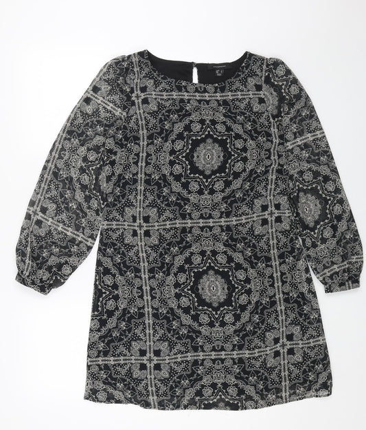 Primark Womens Black Geometric Polyester A-Line Size 8 Round Neck Button