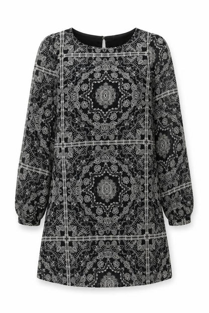 Primark Womens Black Geometric Polyester A-Line Size 8 Round Neck Button