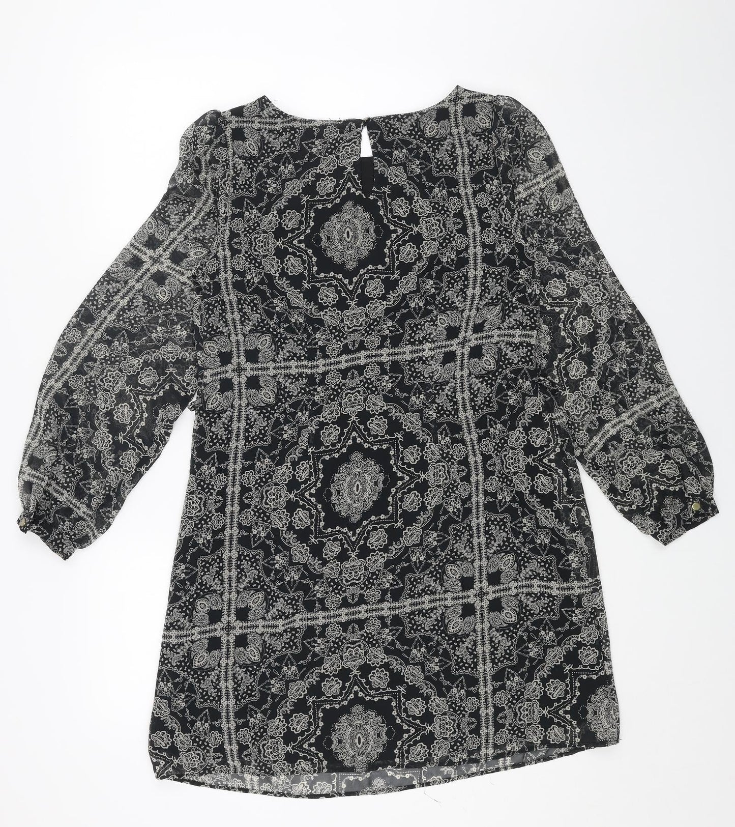 Primark Womens Black Geometric Polyester A-Line Size 8 Round Neck Button