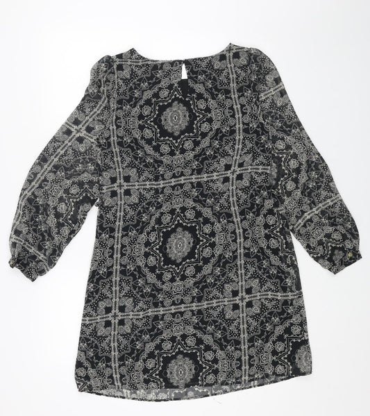 Primark Womens Black Geometric Polyester A-Line Size 8 Round Neck Button