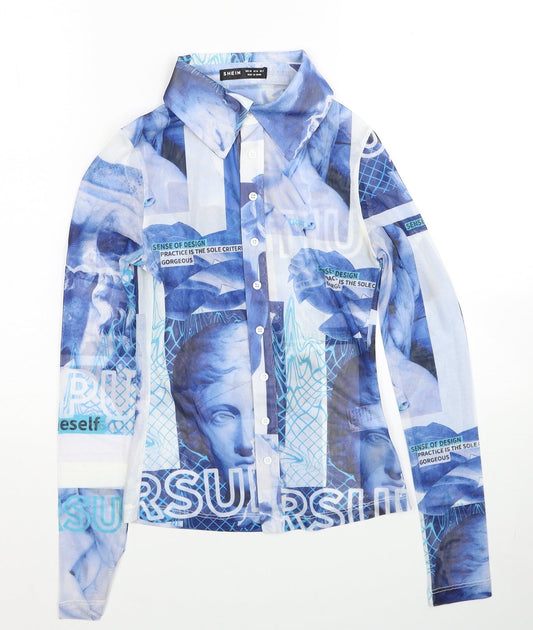 SheIn Womens Blue Geometric Polyester Basic Button-Up Size XS V-Neck