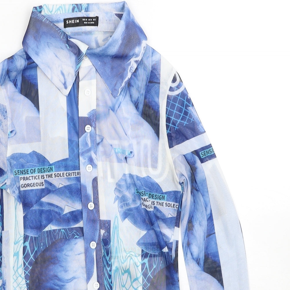 SheIn Womens Blue Geometric Polyester Basic Button-Up Size XS V-Neck