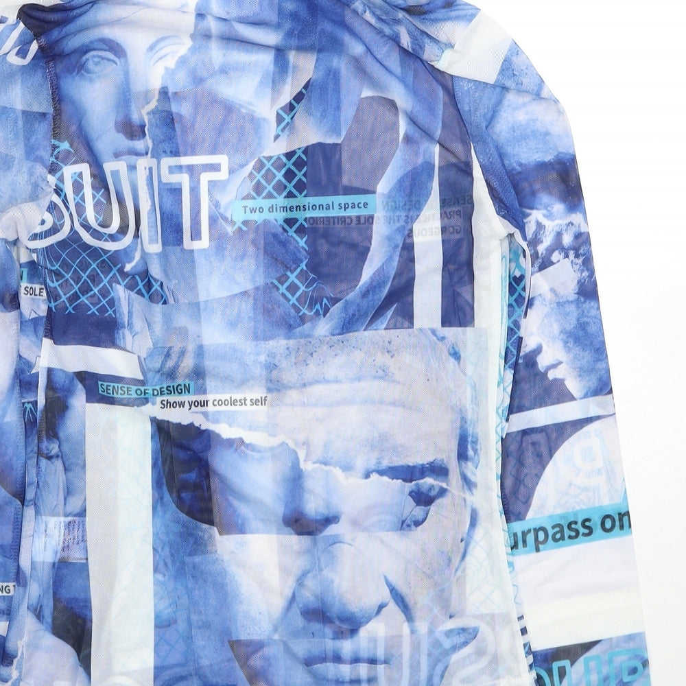 SheIn Womens Blue Geometric Polyester Basic Button-Up Size XS V-Neck