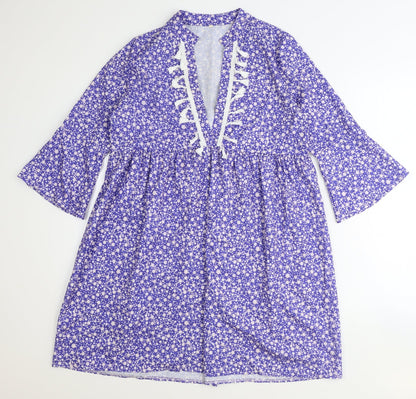 Preworn Womens Blue Floral Polyester Fit & Flare Size S V-Neck Pullover