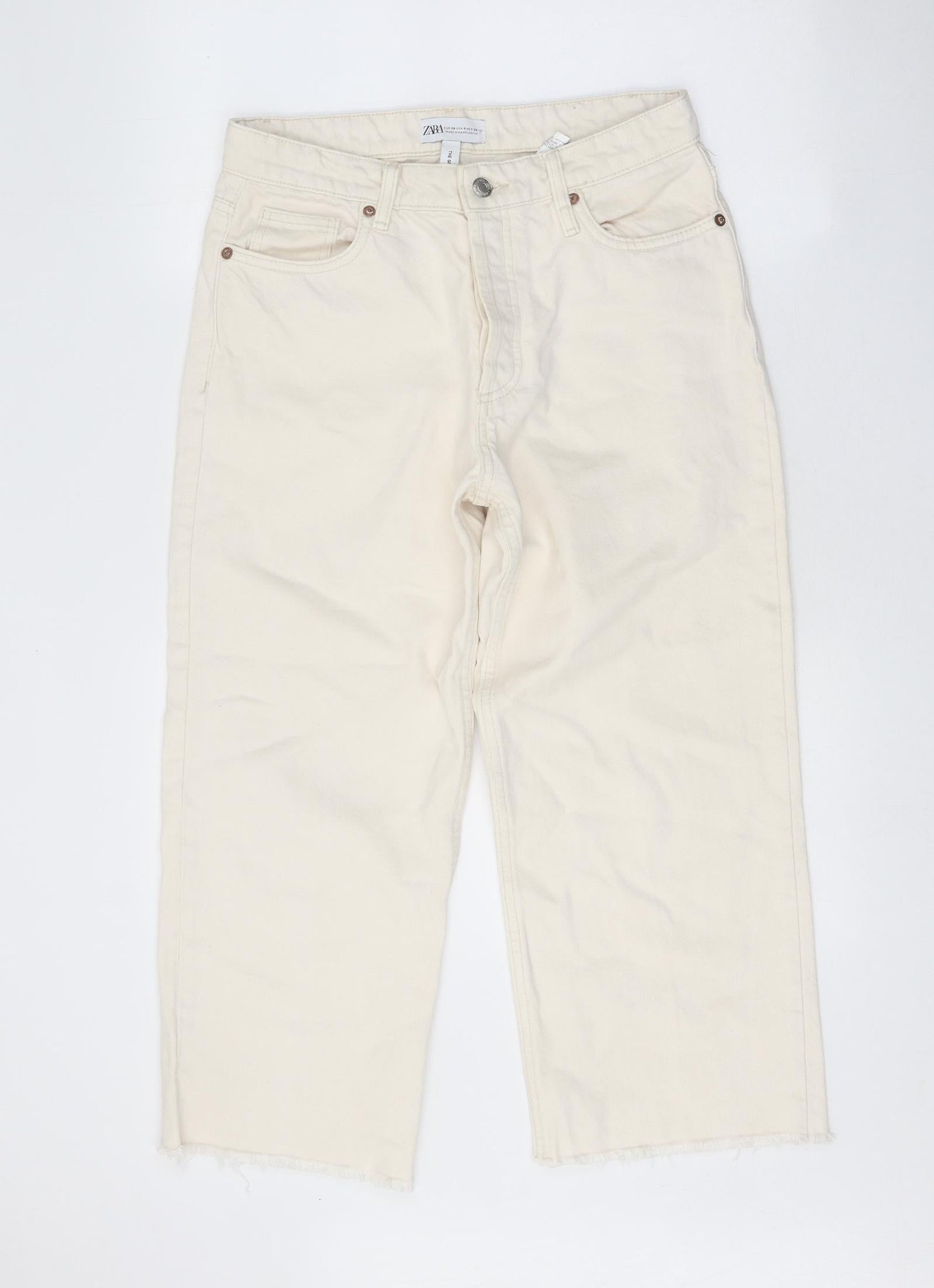 Zara Womens White Cotton Straight Jeans Size 8 Regular Button - Distressed Hems
