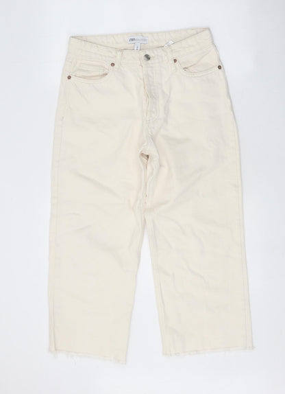 Zara Womens White Cotton Straight Jeans Size 8 Regular Button - Distressed Hems