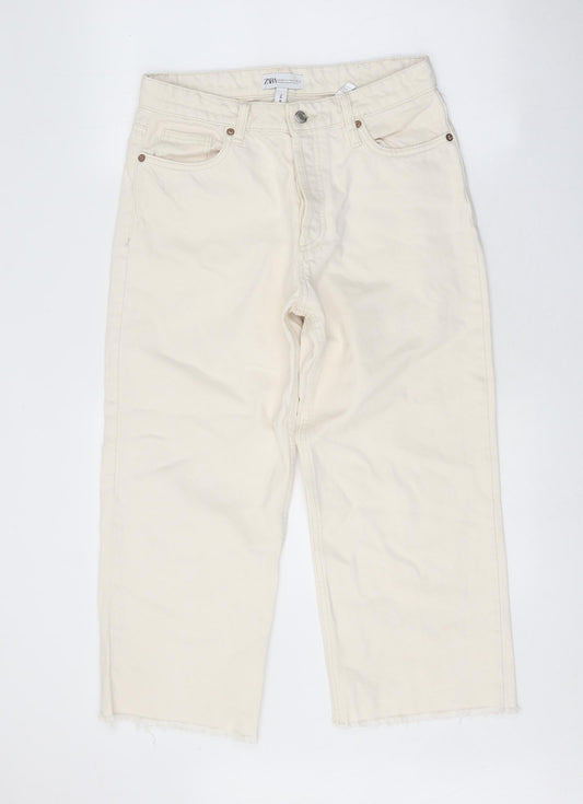 Zara Womens White Cotton Straight Jeans Size 8 Regular Button - Distressed Hems